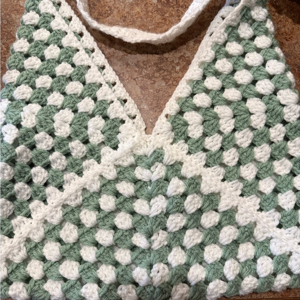 Green and White Crochet bag